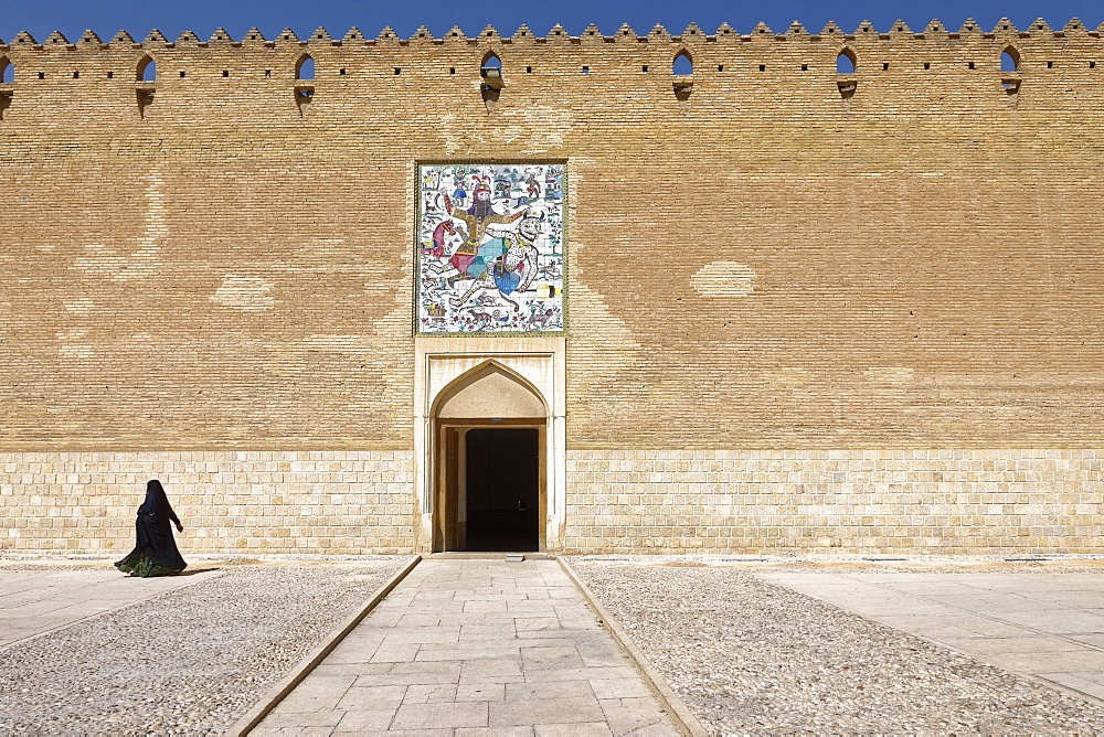 The Karim Khan Castle, panel of tiles above the entrance to the citadel, Rostam killing the white demon, Shiraz, Iran, Middle East