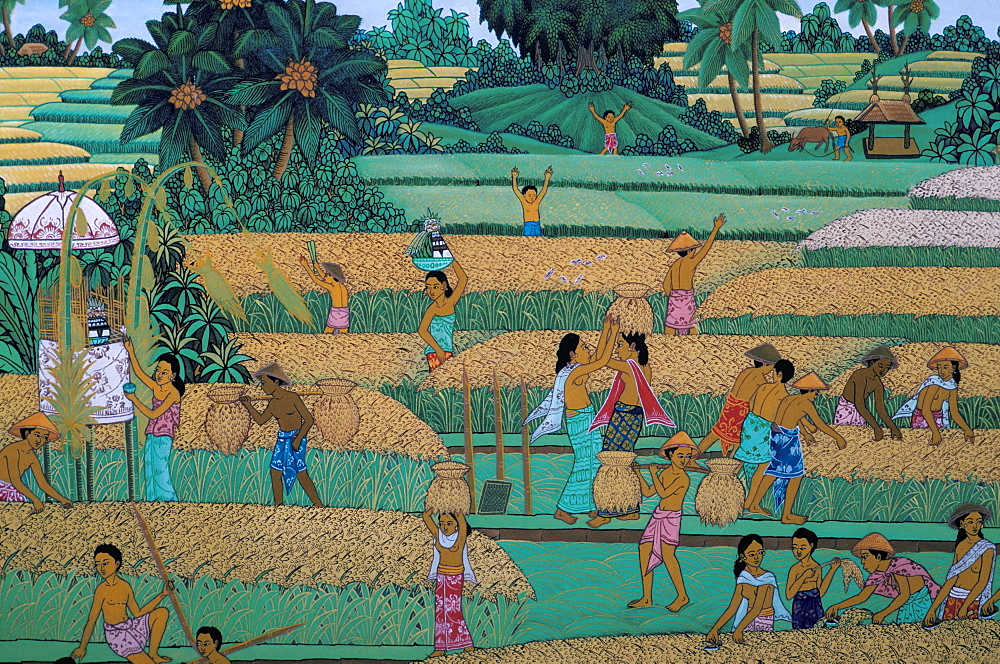 Painting of people harvesting in rice fields, Neka Museum, Ubud, island of Bali, Indonesia, Southeast Asia, Asia