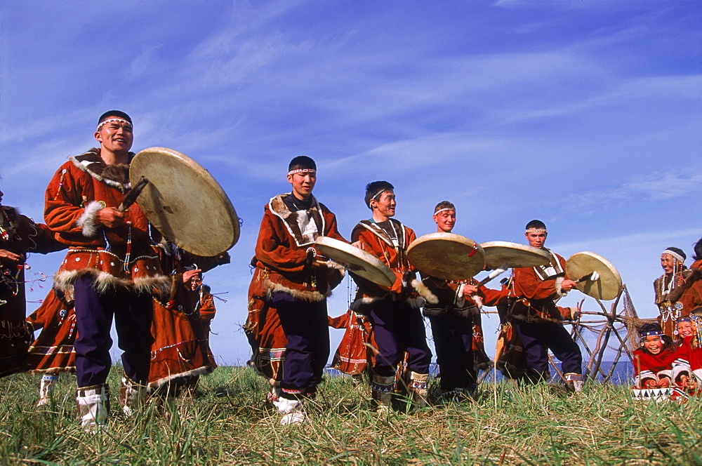 Koryak dancers in ceremonial dress, Ossora, Karaginsky Kamchatka Peninsula, Russia