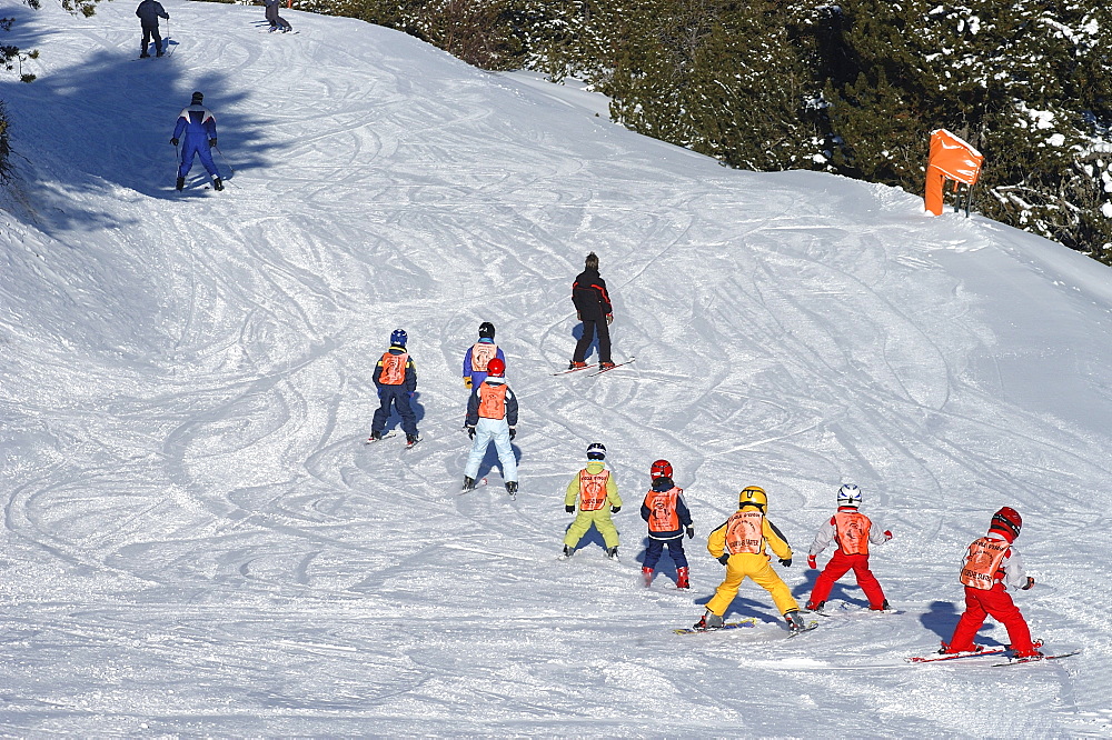 Children's ski school on the piste, Soldeu ski resort, Andorra, Europe 