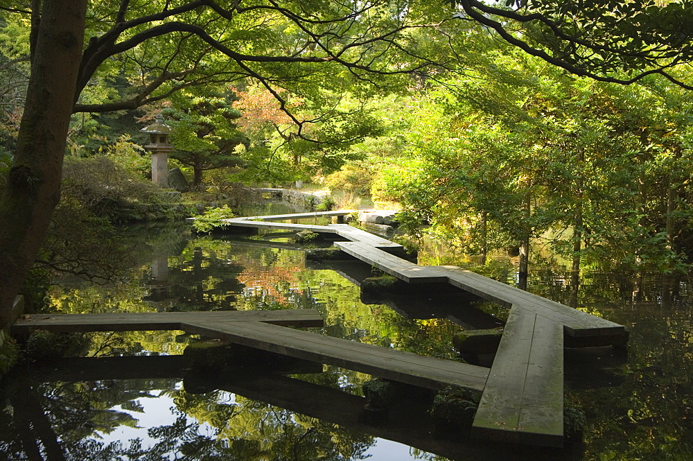 Pond and walkway in Oyama jinja shrine, Kanazawa, Ishikawa prefecture, Japan, Asia