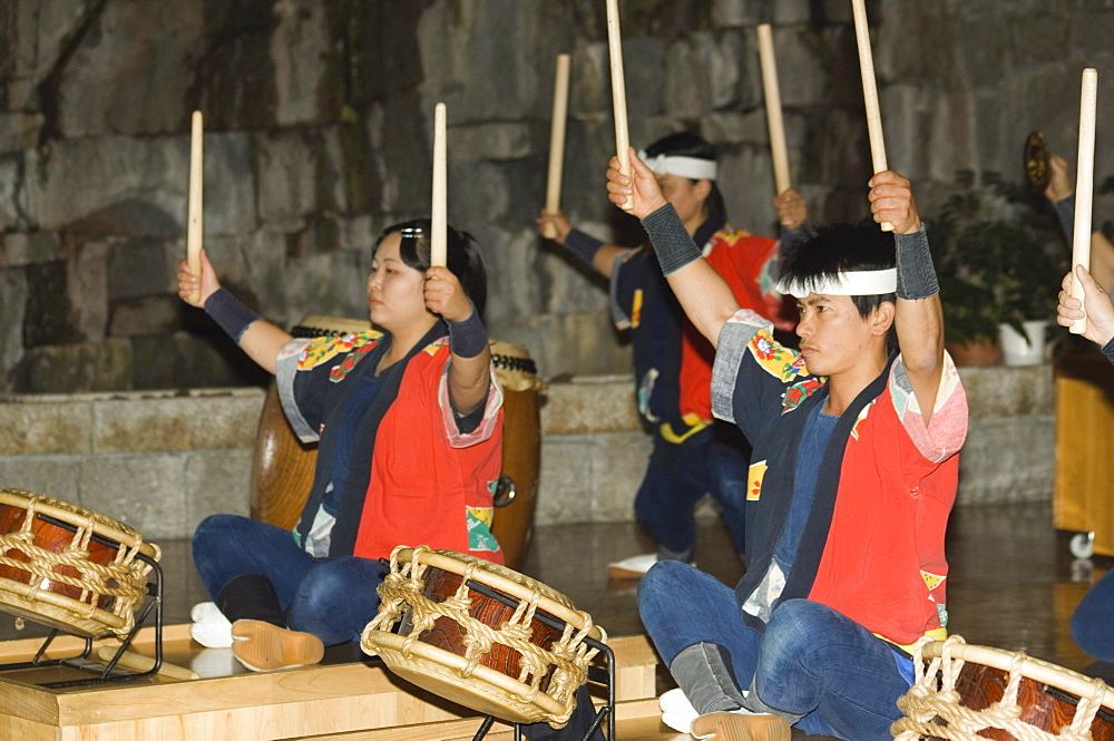 Traditional Japanese taiko drumming performance, Matsuyama, Ehime prefecture, Shikoku island, Japan, Asia