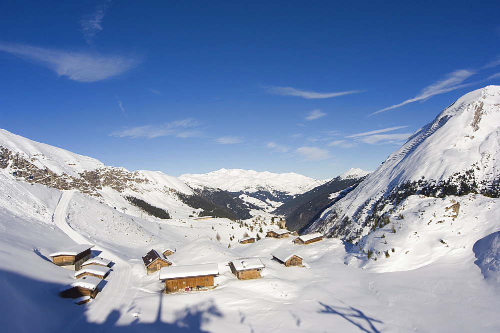 huts, Hintertux glacier, Mayrhofen ski resort, Zillertal Valley, Austrian Tyrol, Austria 