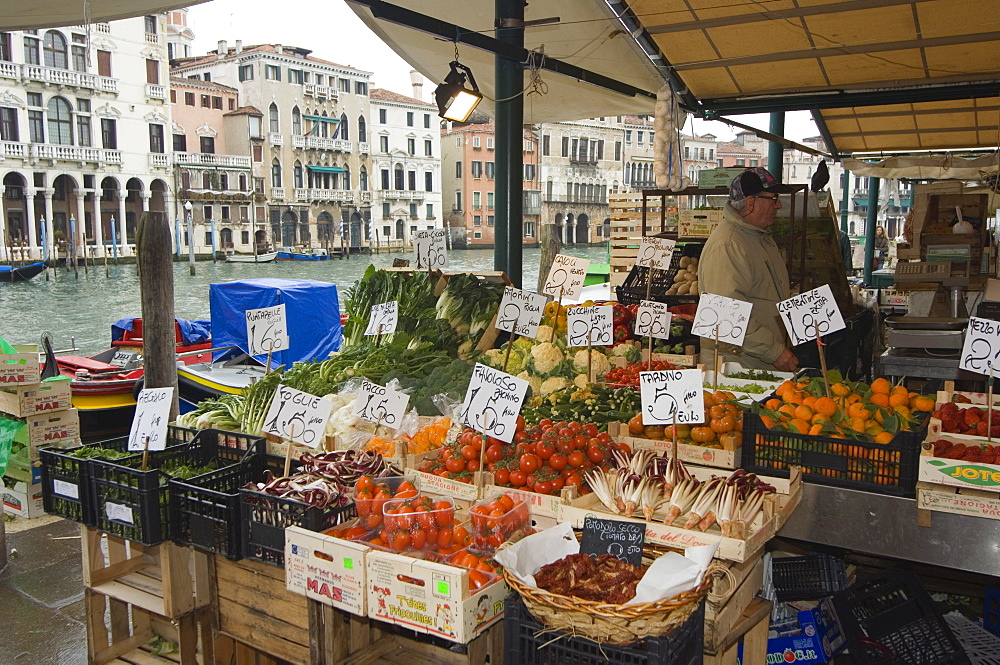 Fruit and vegetable stall at canal side market, Venice, Veneto, Italy, Europe