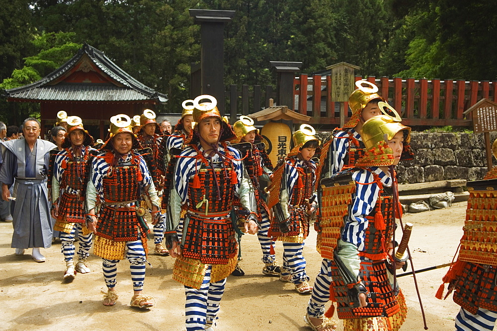 Men in traditional samurai costume, parade of Nikko Spring Festival, Toshogu Shrine, Nikko, Tochigi prefecture, Japan, Asia