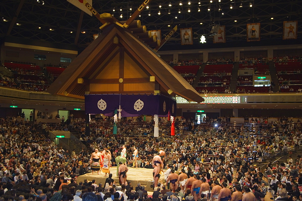 Sumo wrestlers, Grand Taikai Sumo Wrestling Tournament, Kokugikan Hall Stadium, Ryogoku district, Tokyo, Japan, Asia