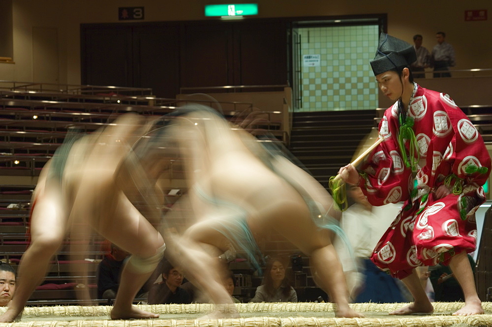 Sumo wrestlers competing, Grand Taikai Sumo Wrestling Tournament, Kokugikan Hall Stadium, Ryogoku district, Tokyo, Japan, Asia