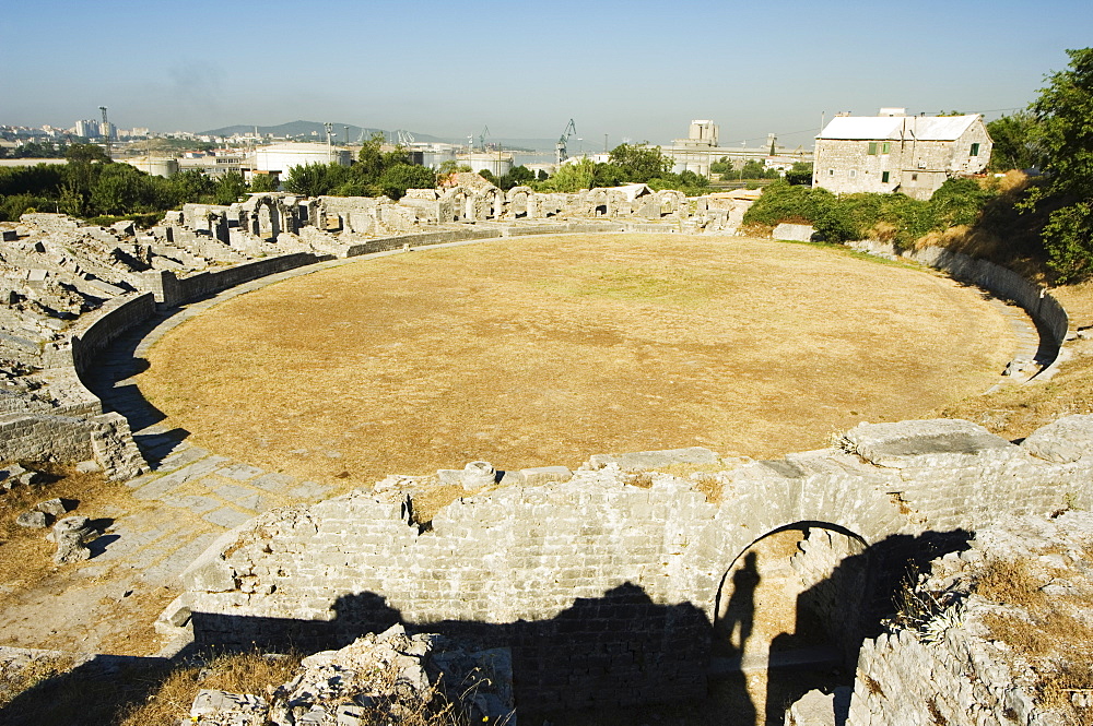 Walls of 2nd century amphitheatre at archaeological ruins of Solin (known as Salona by the Romans), Split, Dalmatia Coast, Croatia, Europe