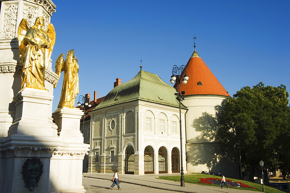 Golden statues, and 16th century fortifications in medieval Old Town of Kaptol, Zagreb, Croatia, Europe