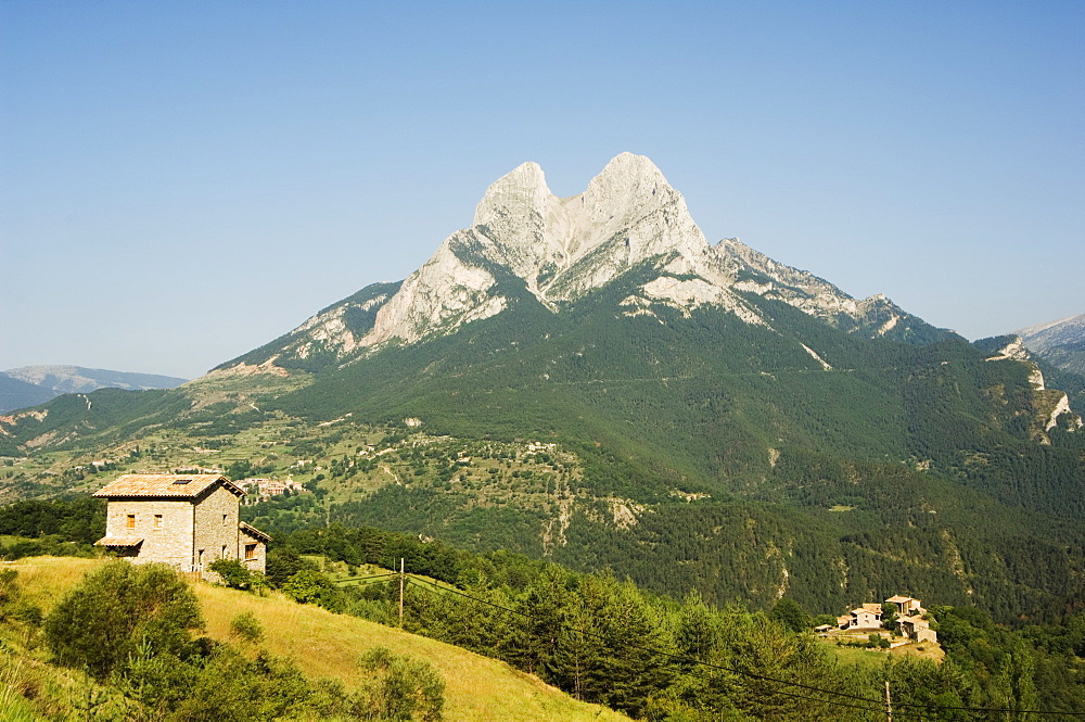 Stone house below Pedraforca (Stone Fork) mountain, 2497m, Serra del Cadi mountain range, Catalunya, Spain, Europe