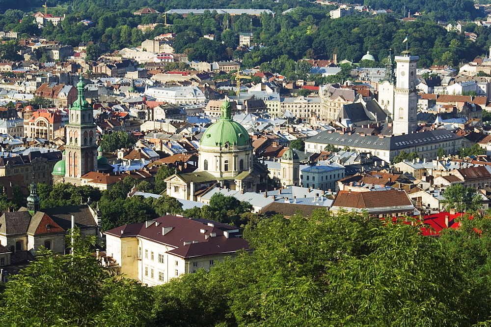 Old Town including Dominican church and monastery, Town Hall, and Assumption church bell tower dating from 1591-1629, seen from Castle Hill, UNESCO World Heritage Site, Lviv, Ukraine, Europe 