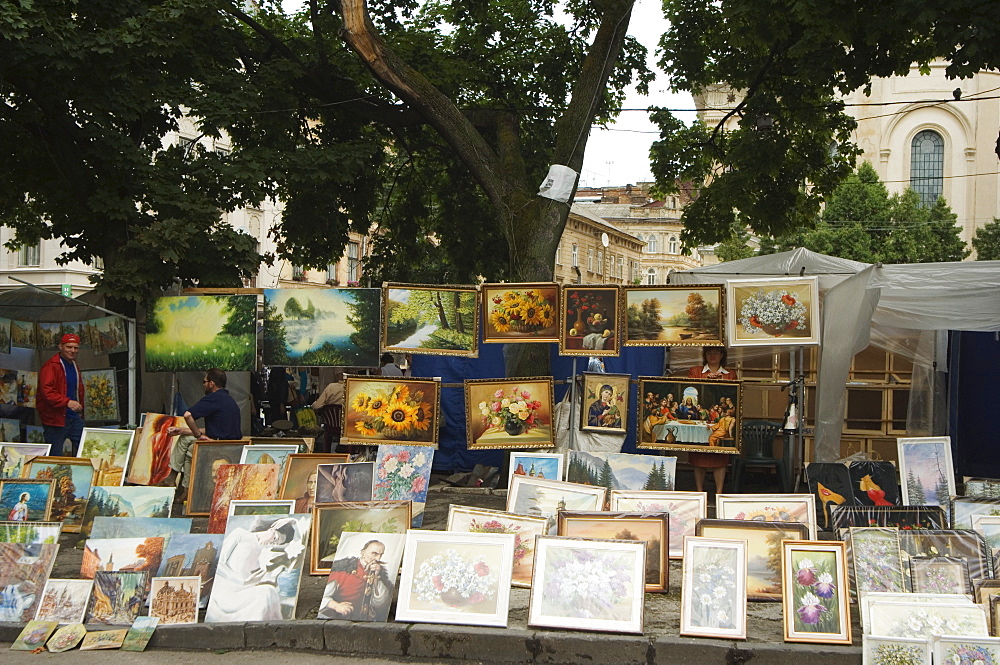 Paintings for sale at Flea Market, Old Town, UNESCO World Heritage Site, Lviv, Ukraine, Europe 