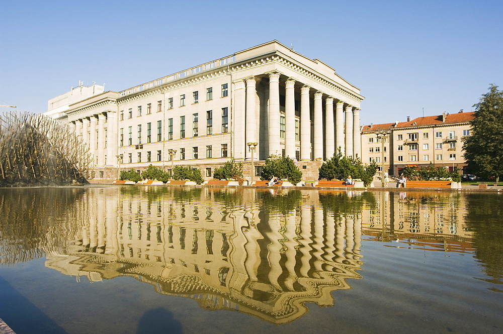 Parliament building with reflection in water, Vilnius, Lithuania, Baltic States, Europe