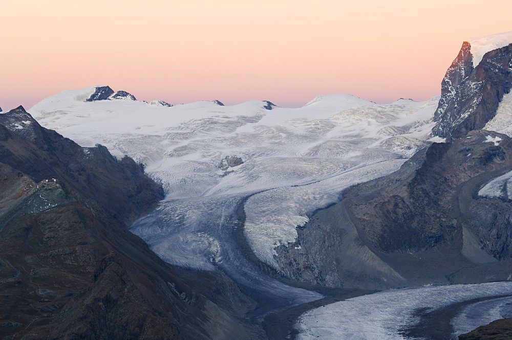 Monte Rosa glacier at dusk, Zermatt Alpine Resort, Valais, Switzerland, Europe