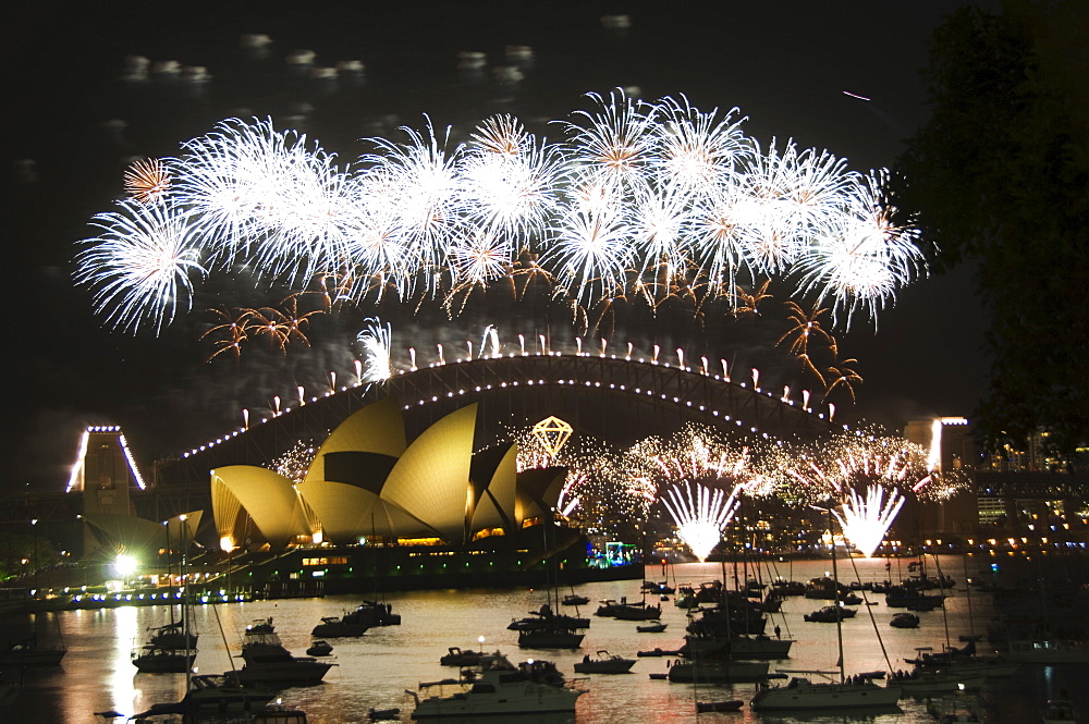 New Years Eve 2006, 75th Diamond Anniversary Firework Celebrations, Opera House, Sydney Harbour Bridge and boats in Sydney Harbour, Sydney, New South Wales, Australia, Pacific