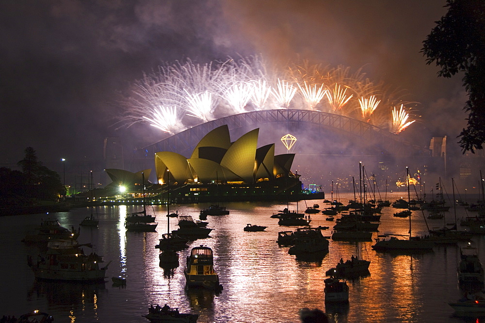 New Years Eve 2006, 75th Diamond Anniversary Firework Celebrations, Opera House, Sydney Harbour Bridge and boats in Sydney Harbour, Sydney, New South Wales, Australia, Pacific