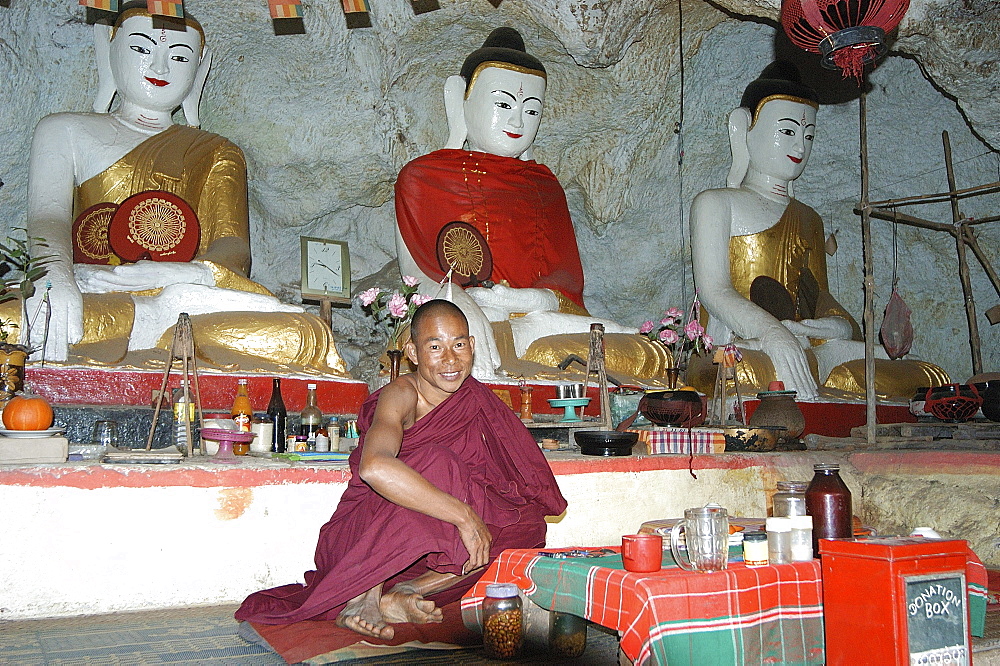 Cave monastery and monk, on trekking/hiking route, Inle Lake, Shan State, Myanmar (Burma), Asia