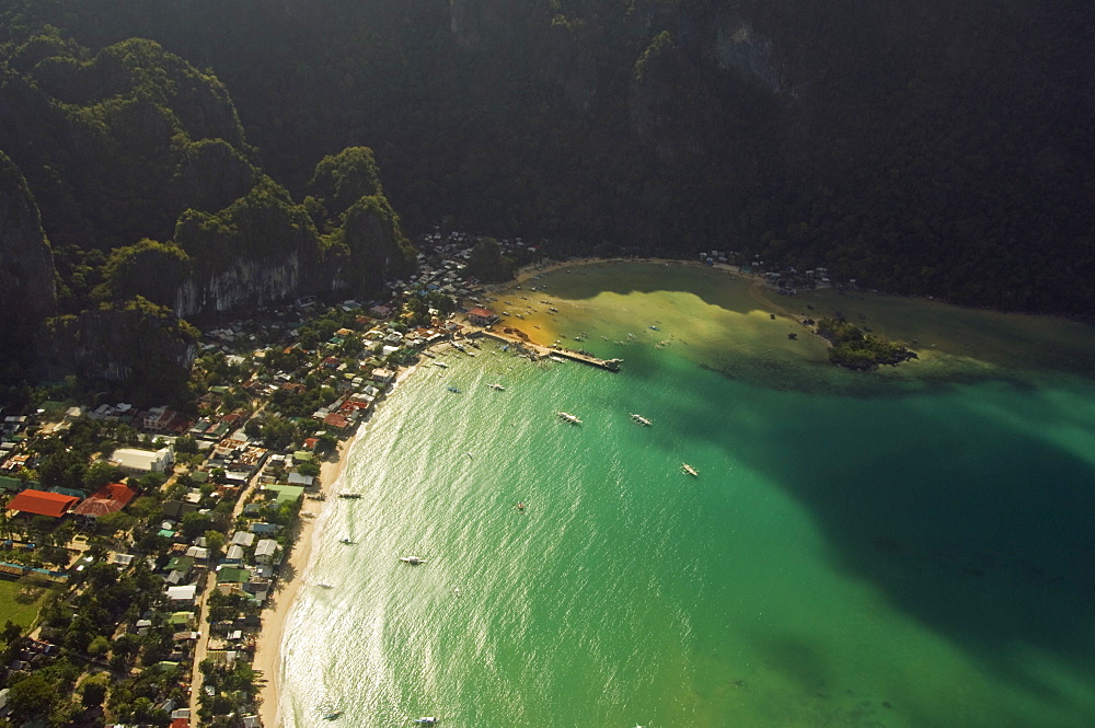 Aerial view of town and beach at El Nido, Palawan Province, Philippines, Southeast Asia, Asia