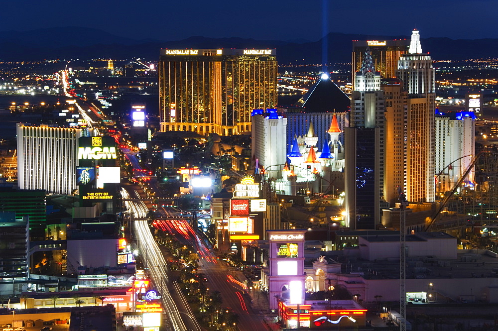 Neon lights of the The Strip at night, Las Vegas, Nevada, United States of America, North America