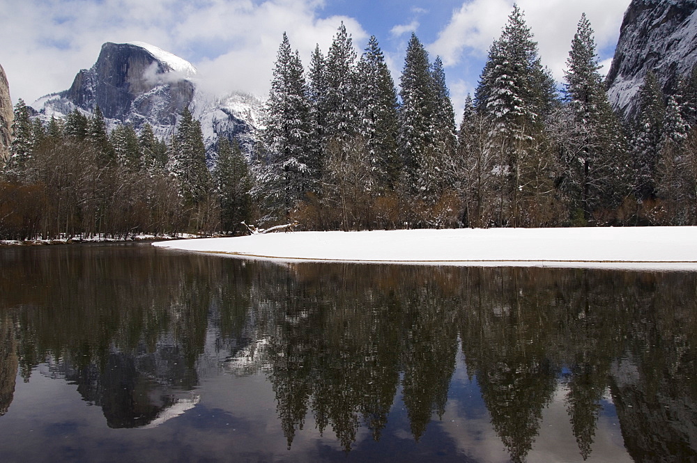 Reflection of Half Dome Peak in the Merced River after fresh snow fall in Yosemite Valley, Yosemite National Park, UNESCO World Heritage Site, California, United States of America, North America