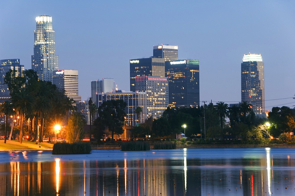 Downtown district skyscrapers located behind Echo Park Lake, Los Angeles, California, United States of America, North America