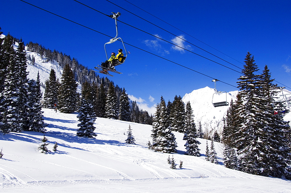 A chair lift carries skiers at Alta, one of the only resorts in America for skiers only, Alta Ski Resort, Salt Lake City, Utah, United States of America, North America