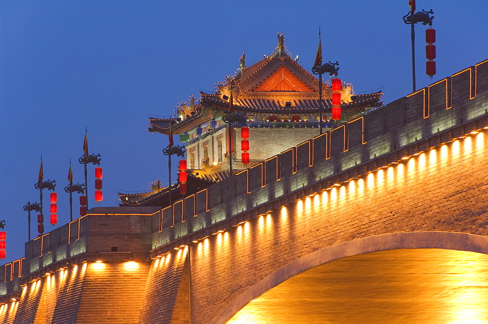 City walls and fortified watch tower built during the first reign of Hongwu, the first emperor of the Ming dynasty, Xian City Shaanxi Province, China, Asia