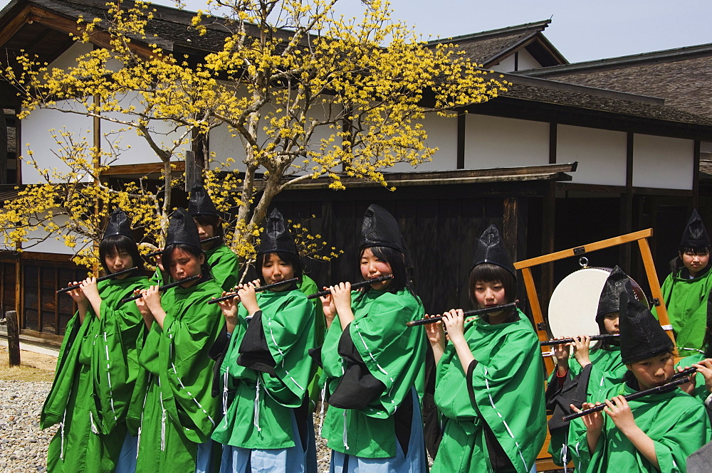 Musicians at Takayama spring festival, Honshu Island, Japan, Asia