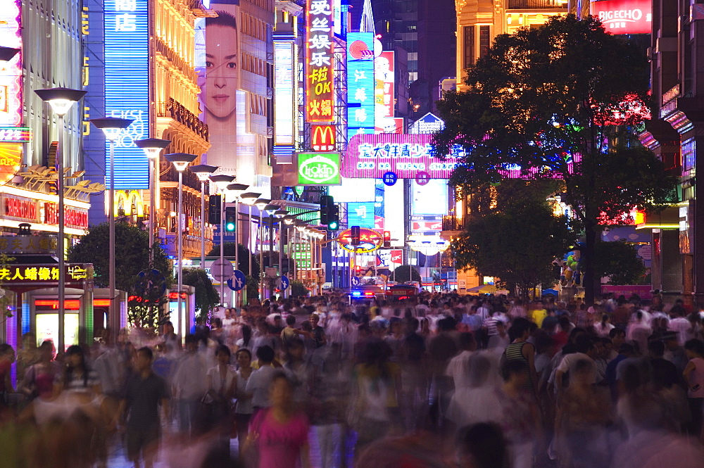 Nanjin Donglu neon lit shopping district, Shanghai, China, Asia