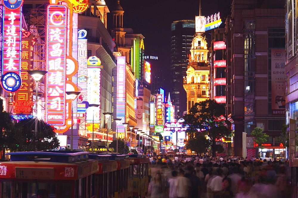 Nanjin Donglu neon lit shopping district, Shanghai, China, Asia