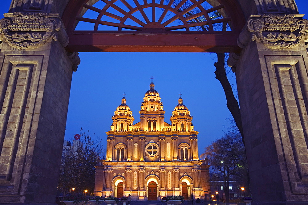 St Josephs Church (the East Church) built in 1655 during the reign of Shunzhi illuminated on Wanfujing Shopping Street, Beijing, China, Asia