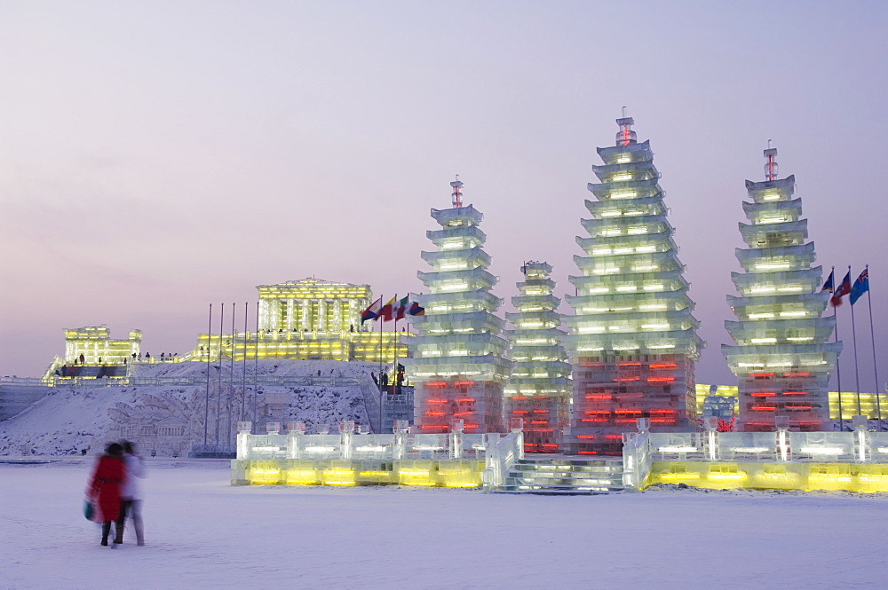 Snow and ice sculptures illuminated at the Ice Lantern Festival, Harbin, Heilongjiang Province, Northeast China, China, Asia