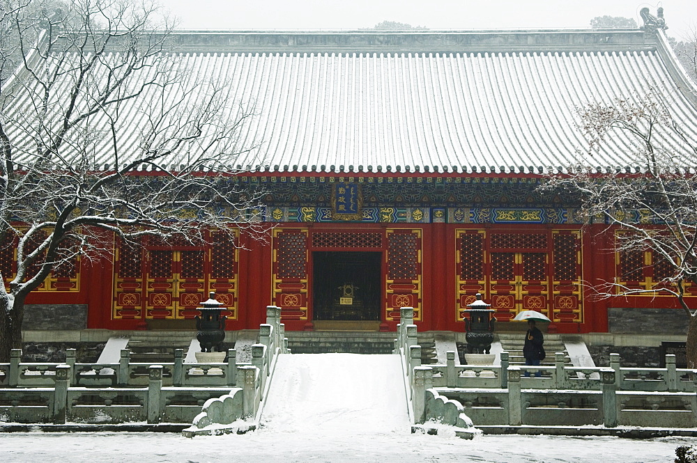 A temple covered in snow after a winter snowfall, Fragrant Hills Park, Western Hills, Beijing, China, Asia