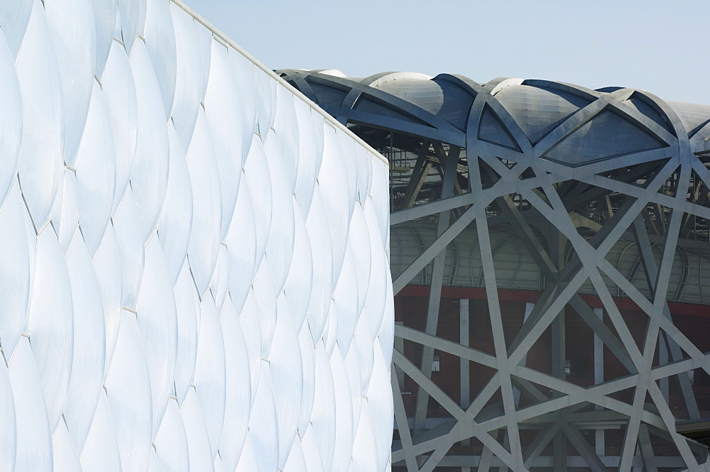 The Water Cube National Aquatics Center swimming arena and National Stadium at the Olympic Park, Beijing, China, Asia