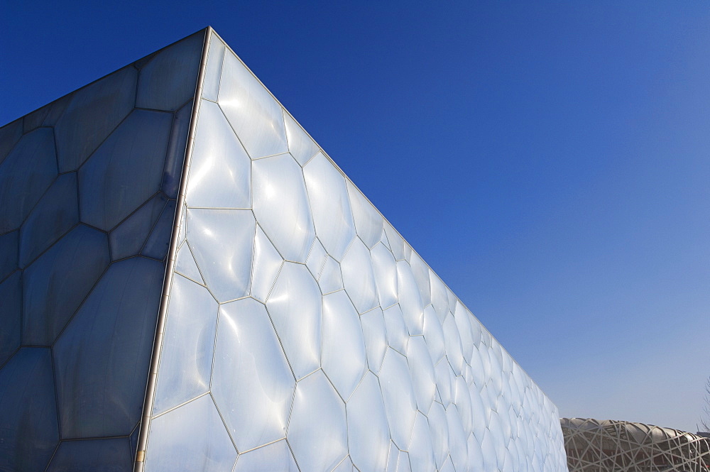 The Water Cube National Aquatics Center swimming arena and National Stadium in the Olympic Park, Beijing, China, Asia