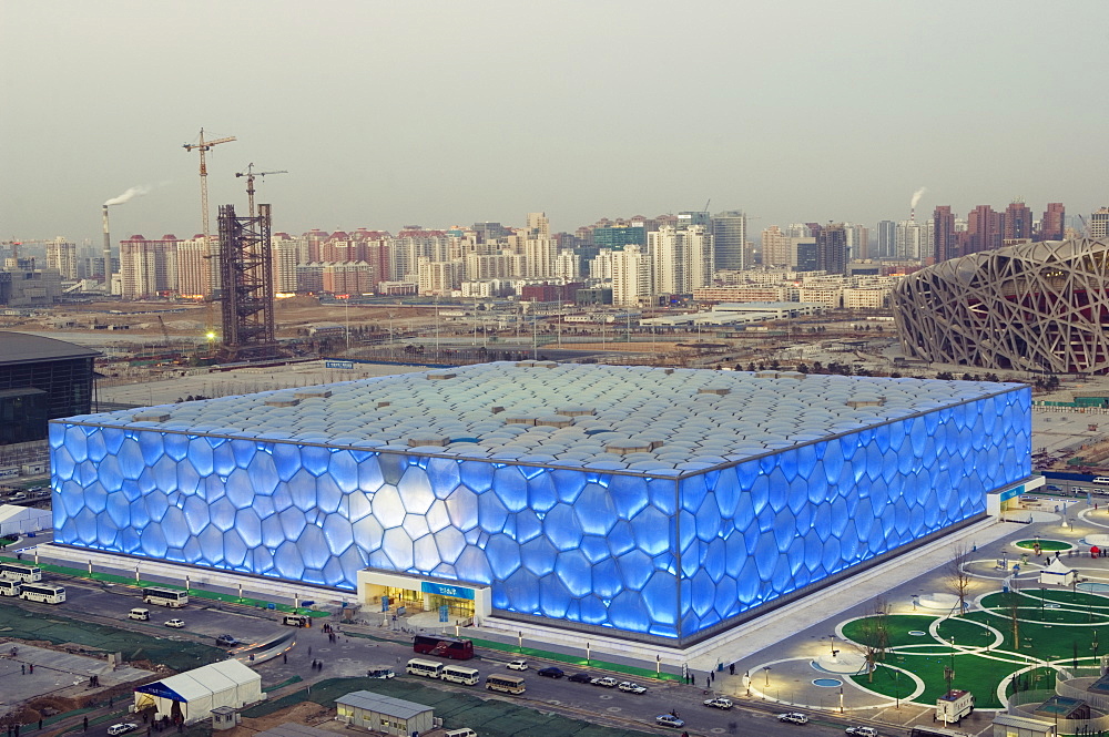 The Water Cube National Aquatics Center swimming arena and National Stadium at the Olympic Park, Beijing, China, Asia