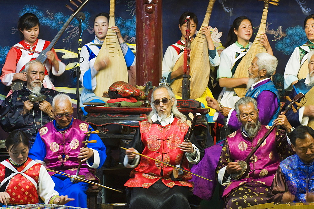 Musicians in a traditional Naxi orchestra, Lijiang Old Town, UNESCO World Heritage Site, Yunnan Province, China, Asia