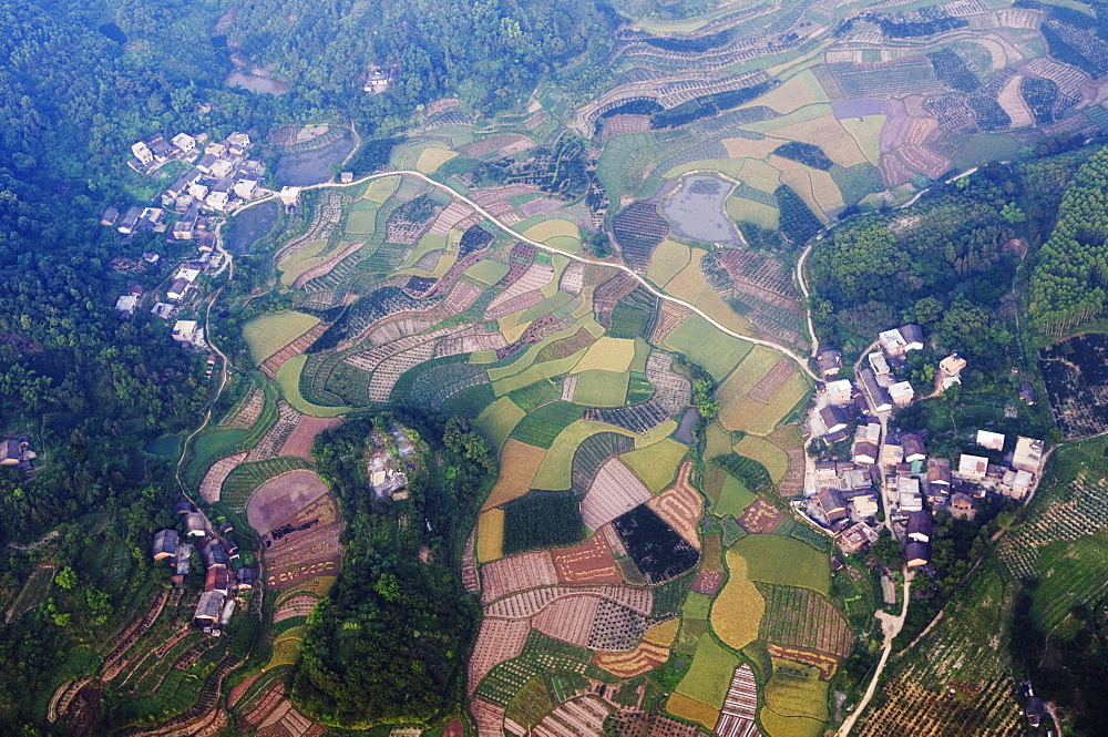 Aerial view from a hot air balloon of rice fields and villages in Yangshuo, near Guilin, Guangxi Province, China, Asia