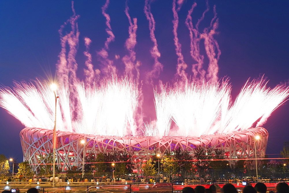 Fireworks on the Birds Nest National Stadium during the opening ceremony of the 2008 Olympic Games, Beijing, China, Asia