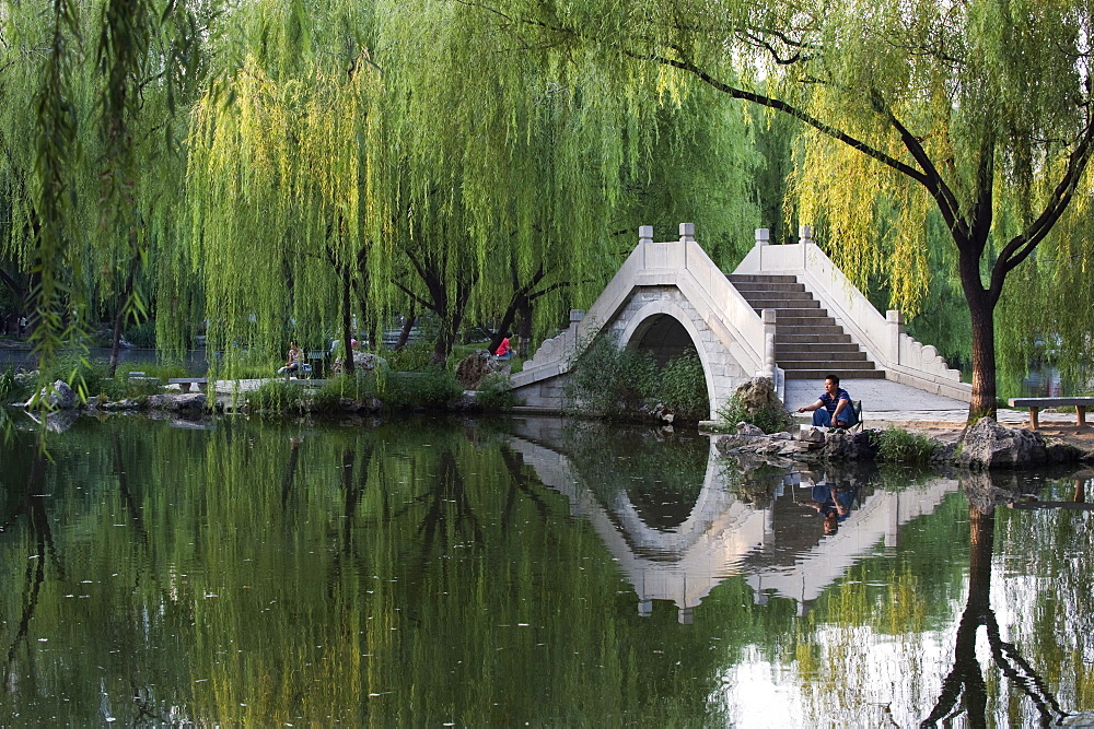 Man fishing next to a stone arched bridge in Zizhuyuan Black Bamboo Park, Beijing, China, Asia