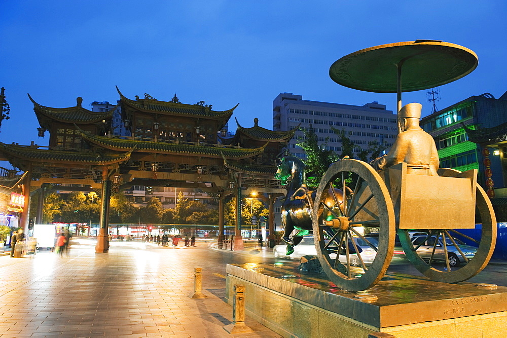 Qintai street statue and Chinese gate, Chengdu, Sichuan Province, China, Asia