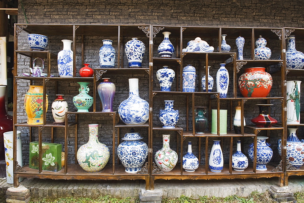 A display of vases at the Qing and Ming Ancient Pottery Factory, Jingdezhen city, Jiangxi Province, China, Asia