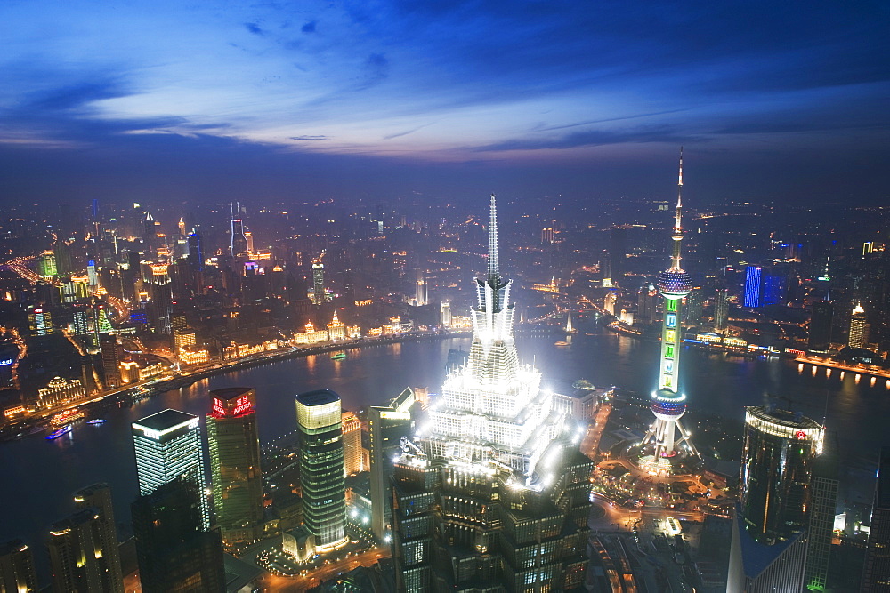 Jinmao and Pearl Towers and Pudong skyline, Shanghai, China, Asia