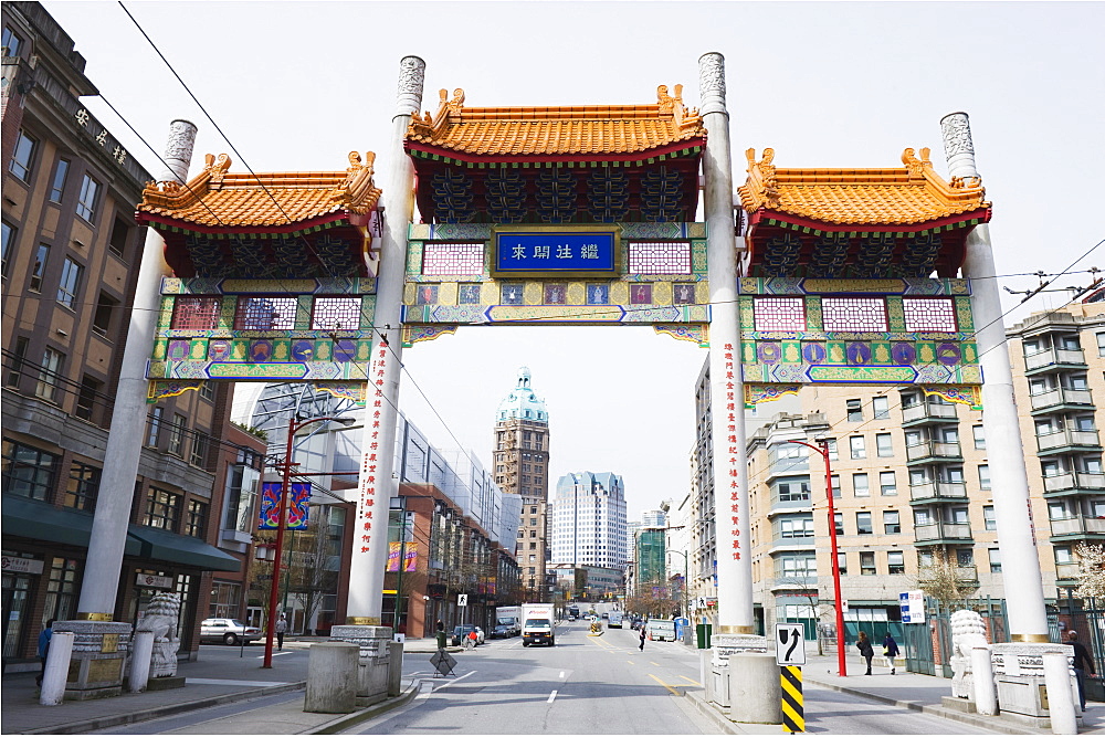 Chinese style gate in Chinatown, Vancouver, British Columbia, Canada, North America