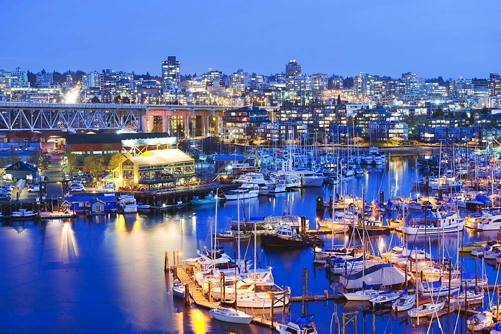 Boats moored at Granville Island, False Creek Harbour, Vancouver, British Columbia, Canada, North America