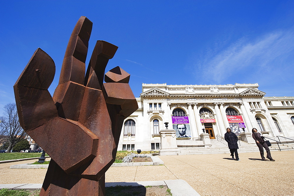 Hand sculpture in front of Public Library, Washington D.C., United States of America, North America