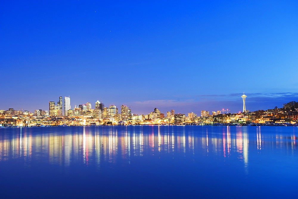 Downtown buildings and Space Needle seen from Lake Union, Seattle, Washington State, United States of America, North America