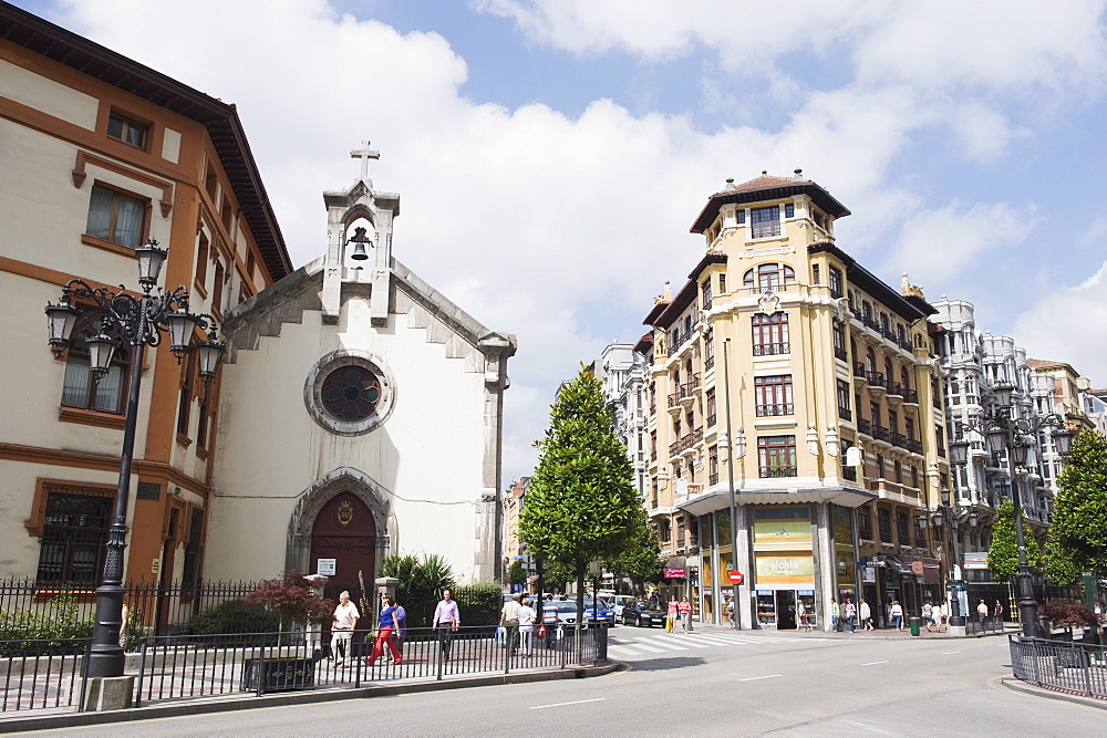 Church and bell tower in Oviedo, Asturias, Spain, Europe