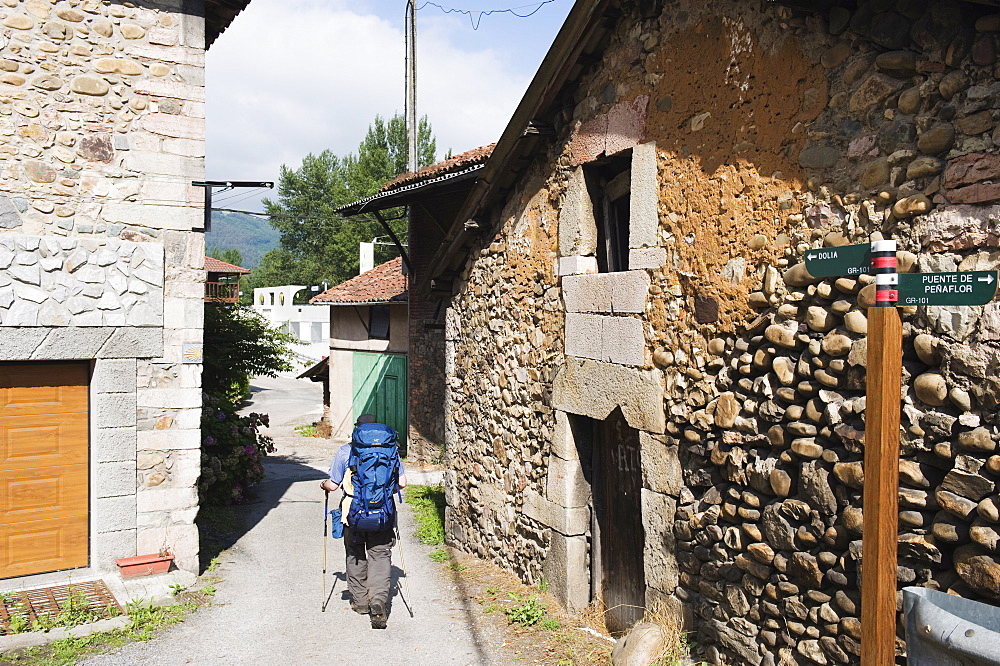 Hiker pilgrim on the Camino de Santiago and GR 101, Asturias, Spain, Europe