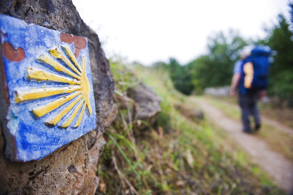 Hiker pilgrim on the Camino de Santiago, Asturias, Spain, Europe